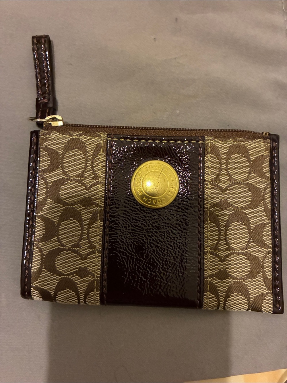 Coach Brown Signature Canvas Card Holder with Dark Brown Patent Trim